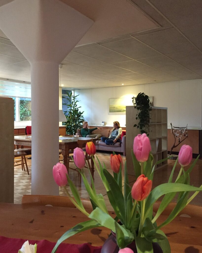 Tulpen in een vaas op de voorgrond in de eetzaal, met op de achtergrond twee mensen in gesprek op de bank